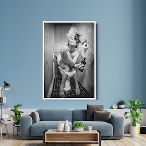 Fashion Toilet Girl Smoke Canvas, Black and White  Fashion Wall Art, Trendy Wall Art, Girly Wall Art, Fashion Wall Art, Funny Bathroom Art