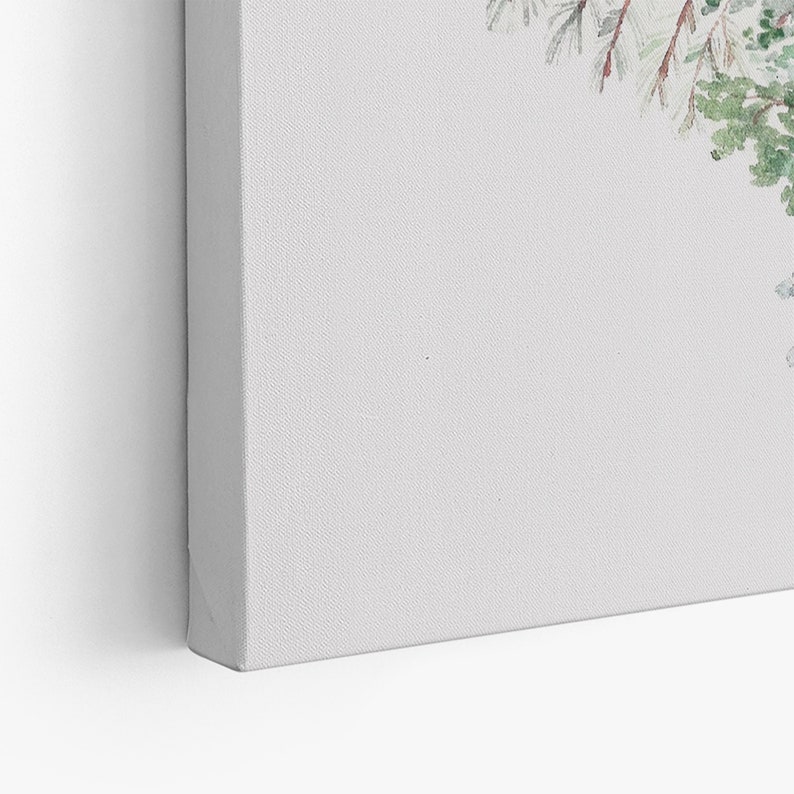 K&ouml;nnte beinhalten: Ein wei&szlig;es Leinwandbild mit einer gr&uuml;nen und braunen Aquarellmalerei eines Kiefernastes in der oberen rechten Ecke.