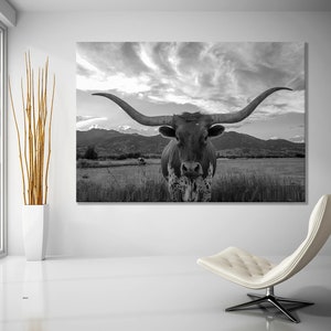 Black white Cow Canvas Wall Art , Texas Longhorn canvas art, Farmhouse Decor, Rustic wall art, Western decor Longhorn cow poster, Texas art