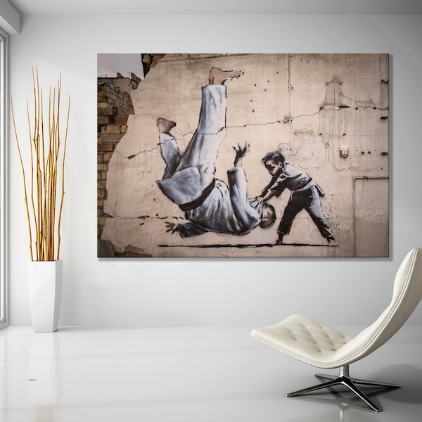 Banksy Ukraine Putin Canvas Print Art, Banksy Poster, Banksy Ukraine Art, Banksy Putin Canvas, Judo Banksy Print, Boy Defeating Putin Banksy