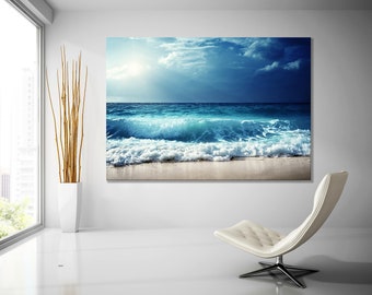 Ocean Beach canvas Wall Art, Nature Sea landscape Nautical photo Coastal canvas print Sea wave canvas Extra large wall art Ready to hang