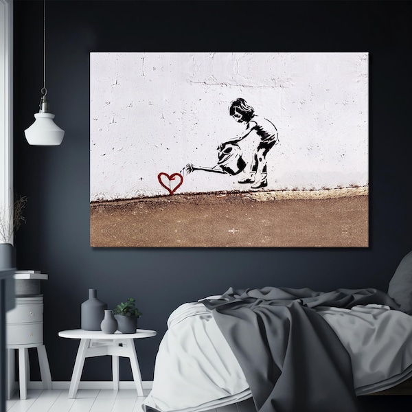 Watering Love Pop Art Canvas Wall Art, Framed Banksy Canvas, Banksy Art Graffiti Poster, Banksy Canvas, Banksy Street Art Wall Decor