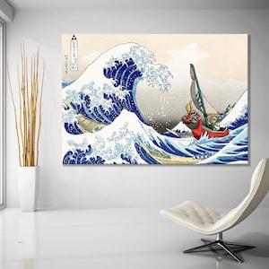 The Great Wave Zelda Leinwand Wandkunst, Die Legende von Zelda Windwaker, Die große Welle vor Kanagawa Print Wandkunst Leinwand, fertig zum Aufhängen