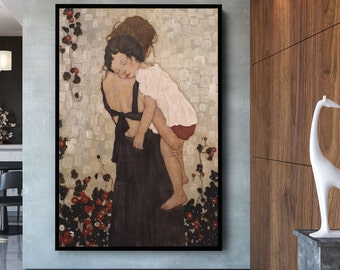Gustav Klimt Mother Holding Child 1905  Famous Painting Print Portrait Coloring on Canvas Modern Art Decor