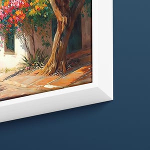 May include: A painting of a white building with a tree in front of it. The tree has bright pink and yellow flowers. The building has a green door and a white wall. The sidewalk is made of brown bricks.