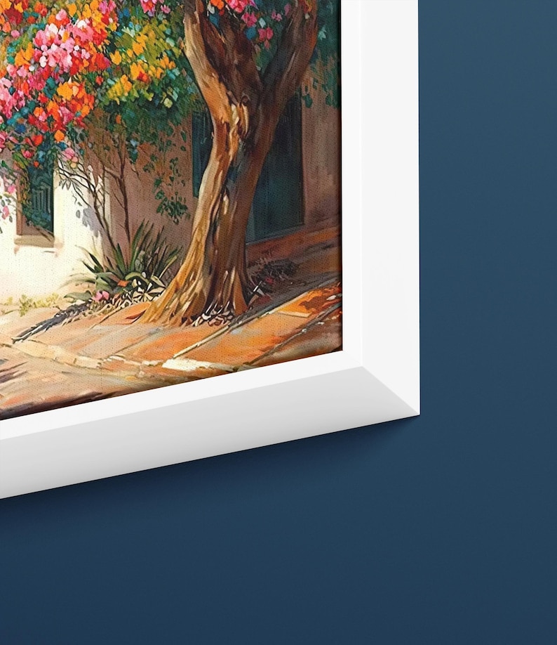 May include: A painting of a white building with a tree in front of it. The tree has bright pink and yellow flowers. The building has a green door and a white wall. The sidewalk is made of brown bricks.