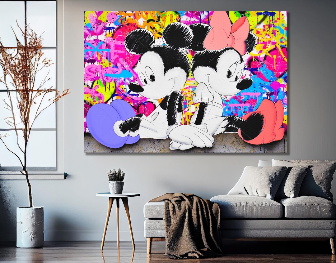 ミッキーとミニーマウスの手描きポップアートキャンバスプリント