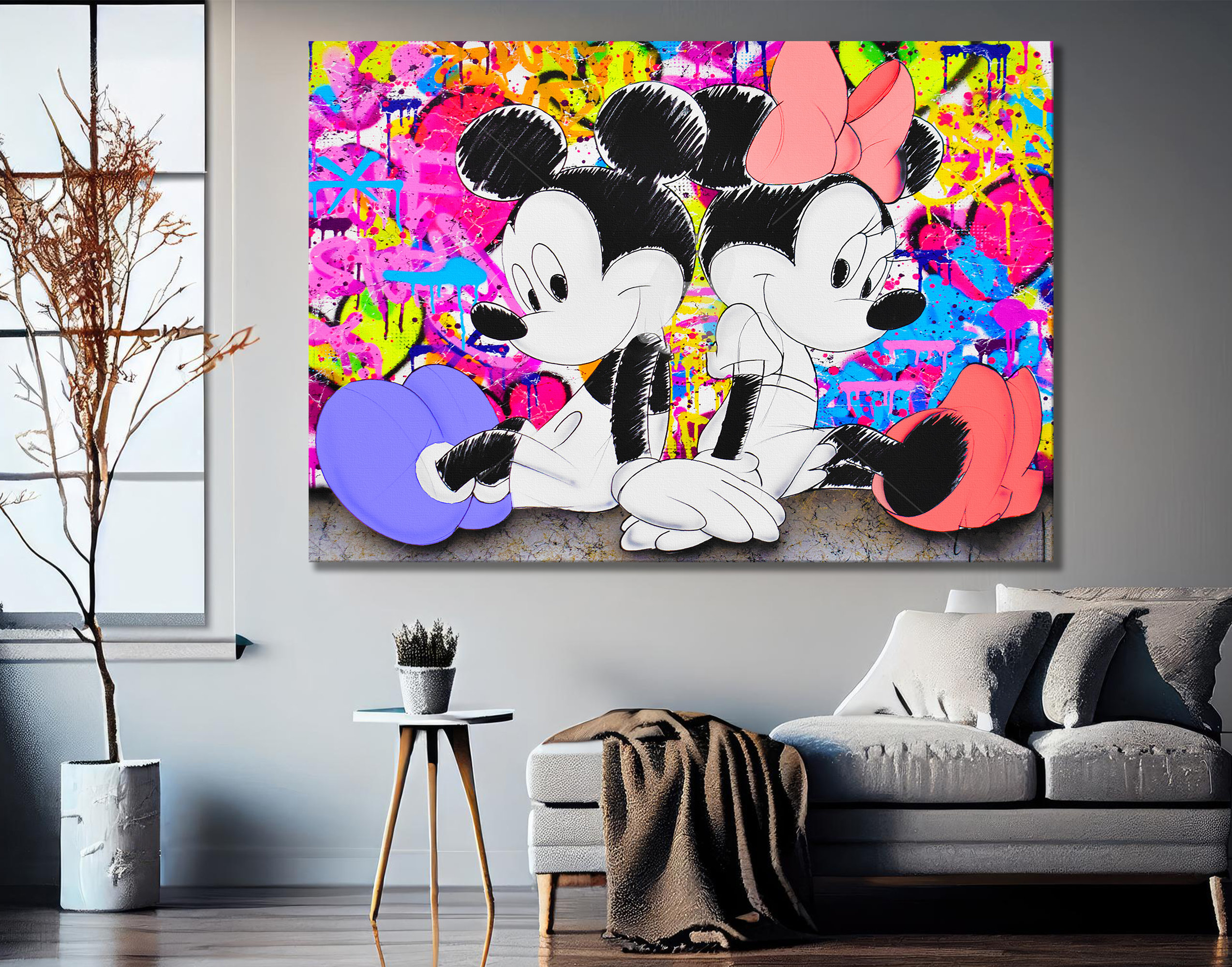 ミッキーとミニーマウスの手描きポップアートキャンバスプリント