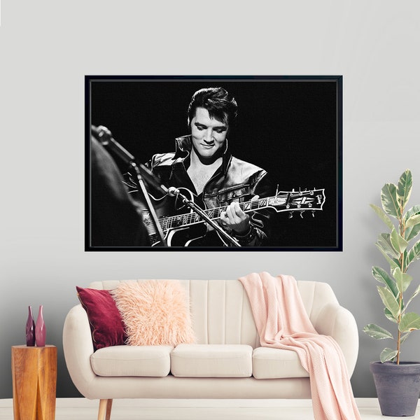 Elvis Presley Guitar Canvas Wall Art , Elvis Black and White 1950s 1960s American Cultural Icons Wall Art, Framed Canvas Wall Art