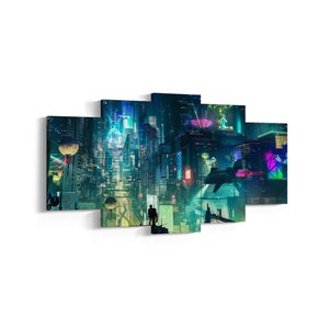 Cyberpunk Neon City Canvas Print, Neo Futuristic Wall Art, Rolled Canvas Print, Game Poster Gift, 5 Panel Canvas, Neon City 4