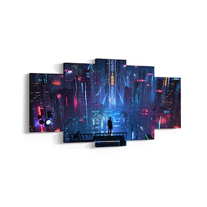 Cyberpunk Blue City Leinwand Wandkunst, Neofuturistische Wandkunst, Gerollte Leinwand Druck, Spiel Poster Geschenk, 5 Panel Leinwand