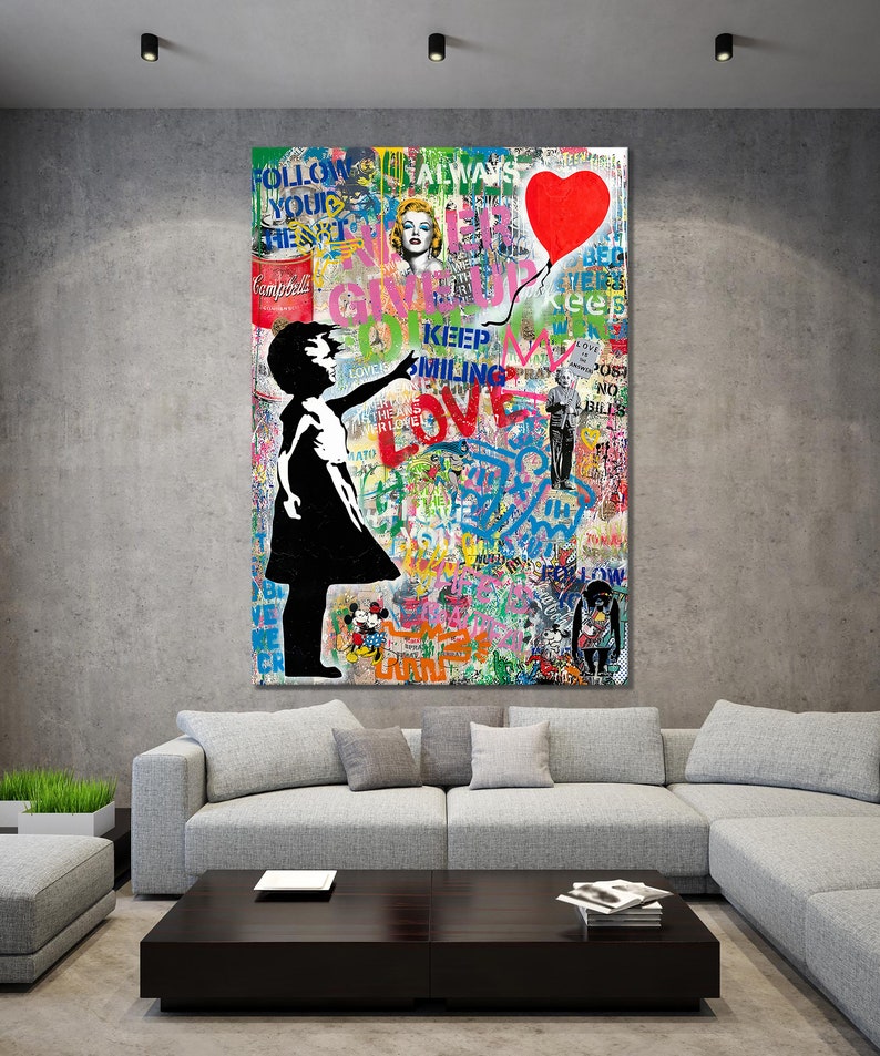 Ballonmädchen Liebe Pop Art Graffiti Leinwand, Banksy Style Pop Art, Mickey Mouse, Street Graffiti Wandkunst, Banksy Ballonmädchen Poster Bild 2