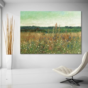 Wildflower Field Landscape Oil Painting Canvas Print, Framed Canvas Nature Wall Decor, Rustic Country Landscape for Living Room