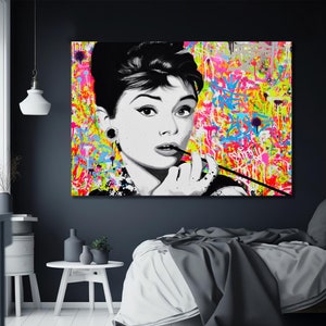 Audrey Hepburn Hand Painted Pop Art Canvas Print, Banksy  Style Pop Art  Audrey Hepburn, Street Graffiti Wall Art, Audrey Hepburn Gift