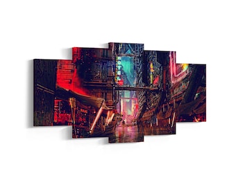Cyberpunk Red Neon City Poster, Neo Futuristic Wall Art, Rolled Canvas Print, Game Poster Gift, 5 Panel Canvas, Neon City 5