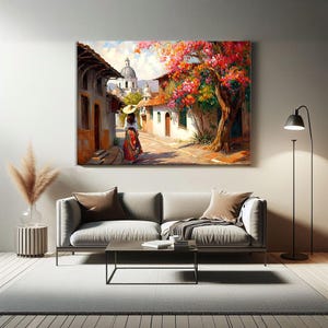 May include: A painting of a woman walking down a cobblestone street in a small town. The street is lined with colorful buildings and there is a large tree with pink flowers in the foreground.