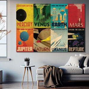 Impresión en lienzo retro vintage de estilo viaje espacial de la NASA, arte mural enmarcado de la NASA, arte mural espacial