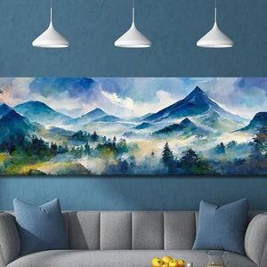 NavyBlue Foggy Mountain Forest Oil Paint Print, Landscape Print On Canvas - Large Panoramic Canvas Wall Art With Or Without Floating Frame