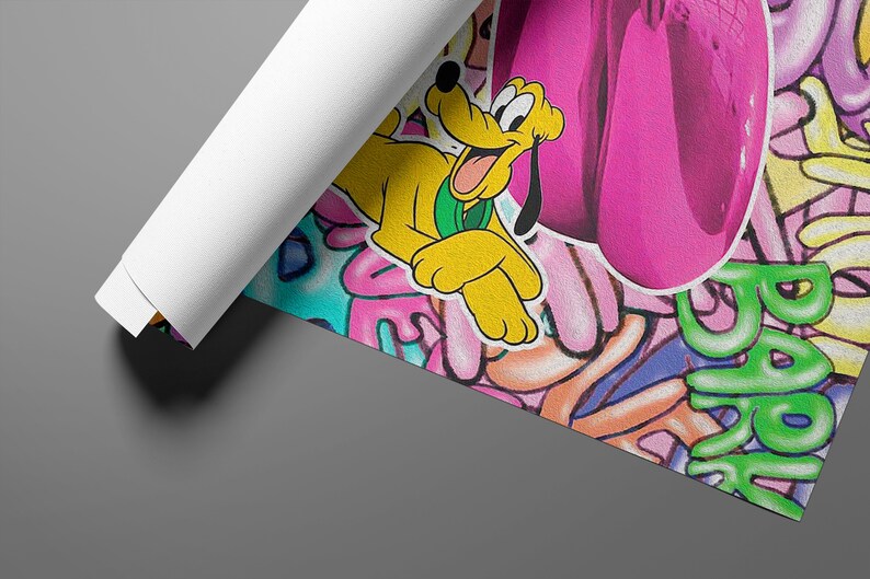 K&ouml;nnte beinhalten: Ein farbenfrohes Poster mit einem Cartoon-Hund mit gr&uuml;nem Halsband, einem rosafarbenen Ballon und dem Wort "Happy" in gr&uuml;ner Graffiti-Schrift.