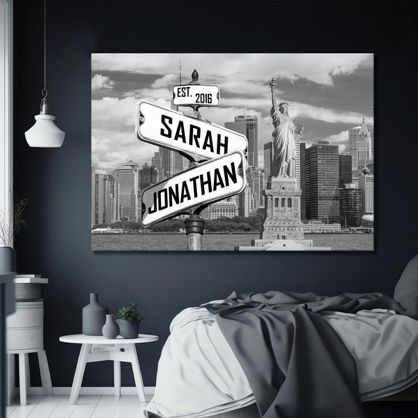Custom Name Statue of liberty Retro Street Sign Canvas Print, New York Custom Name Intersection Sign, Gift for Weddings, Custom Gift for Her