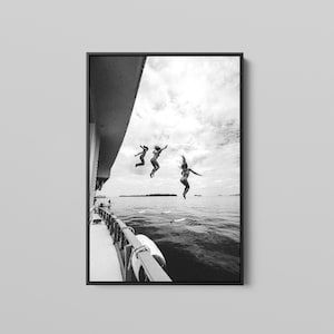 Black and White Ocean Jump Sail Boat Canvas, Yacht Wall Art, Women Jumping into Water, Wall Art, Beach Print, Summer Art, Boat Wall Art