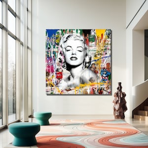 Stampa su tela "Marilyn Monroe e Capitan America" di Banksy, arte di Banksy, graffiti di Marilyn Monroe, graffiti di strada