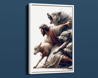 Jesús salva al cordero de los lobos. Lienzo decorativo. Pintura religiosa. Pintura de Jesús y el cordero. Arte mural religioso.