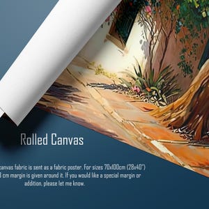 May include: A painting of a narrow, sunlit alleyway with a large tree trunk in the foreground. The alleyway is paved with stone and lined with lush greenery. The painting is done in a vibrant, impressionistic style.