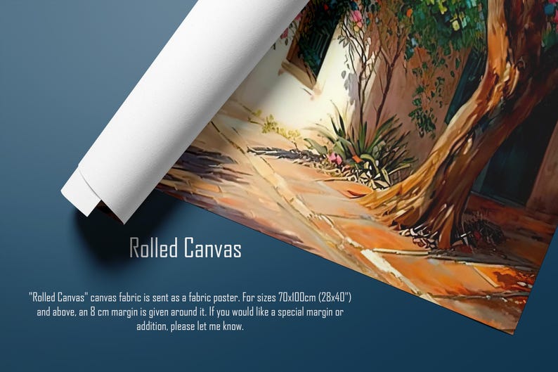 May include: A painting of a narrow, sunlit alleyway with a large tree trunk in the foreground. The alleyway is paved with stone and lined with lush greenery. The painting is done in a vibrant, impressionistic style.