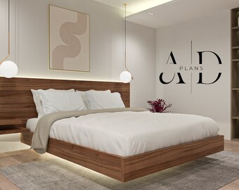Queensize zwevend bed en drijvende nachtkastjes (compleet digitaal plan), eenvoudig platform, minimaal bed, eenvoudigste doe-het-zelfplan