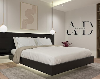 Full DIY Floating Bed Frame Plans with Nightstands & Headboard, PDF Woodworking Guide