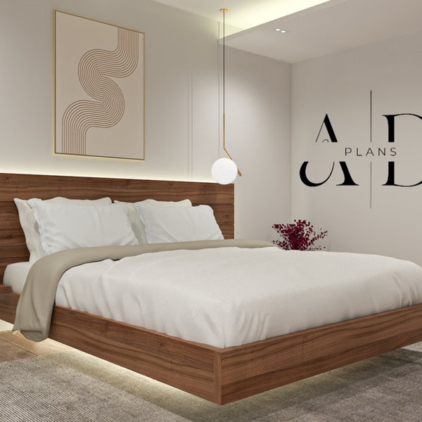 California King size Floating Bed & Floating Nightstands (Complete digital plan), Simple Platform, Minimal bed, Easiest DIY Plan