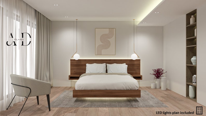 King size Floating Bed & Floating Nightstands Complete digital plan, Simple Platform, Minimal bed, Easiest DIY Plan image 6