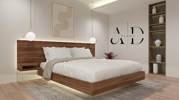 Twin DIY Floating Bed Frame Plans with Nightstands & Headboard, PDF Woodworking Guide