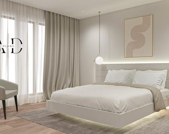 California King DIY Floating Bed Frame Plans with Nightstands & Headboard, PDF Woodworking Guide