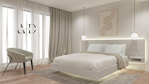 California King DIY Floating Bed Frame Plans with Nightstands & Headboard, PDF Woodworking Guide