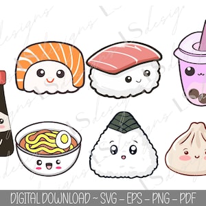 Kawaii SVG, Kawaii Clipart PNG, Kawaii Food Bundle, Kawaii Digital Stickers Download, Sushi SVG, Adesivi Sushi, Cucina Asiatica svg, Gnocchi