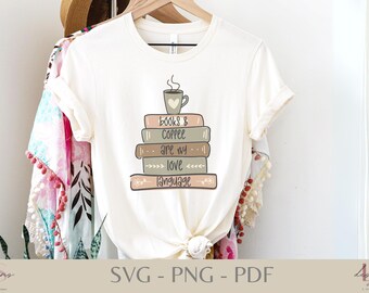 Diseño de camiseta con cita "Libros y café" (SVG) / Cita sobre el lenguaje del amor / Archivo de corte para Cricut y Silhouette