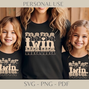 Pacote SVG de mães e filhas gêmeas, Retro Stacked Cheetah Twin Mama SVG, Mãe gêmea PNG, Mãe de múltiplos faça você mesmo, Leopard Twin Mama Matching