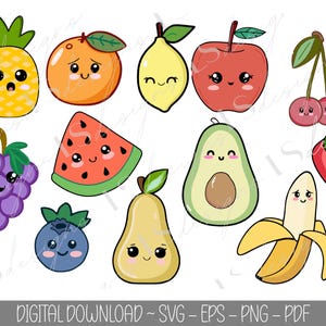 Può includere: Un set di 11 illustrazioni di frutta e verdura in stile cartone animato con facce carine. I frutti e le verdure sono: ananas, arancia, limone, mela, ciliegia, anguria, avocado, pera, banana, mirtillo e fragola.