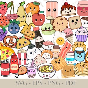 Paquete Mega Kawaii SVG, Clipart Kawaii PNG, Paquete de comida Kawaii, Descarga de calcomanías digitales Kawaii, Lindas calcomanías clipart kawaii, comida rápida svg