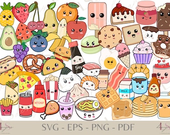 Puede incluir: Una colección de 50 iconos de comida y bebida de dibujos animados lindos. Los iconos son de varios colores y tienen caras sonrientes. Los iconos incluyen una variedad de alimentos como frutas, verduras, pizza, tacos, sushi, donas, helados y más.