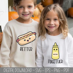 Disegno SVG per bambini gemelli, Hot Dog e senape SVG, PNG per gemelli, Download digitale di magliette gemellari, Design carino per famiglie abbinate, Meglio insieme