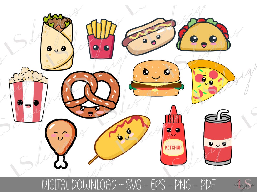 Kawaii SVG, Kawaii Clipart PNG, Kawaii Food Bundle, Kawaii Digital