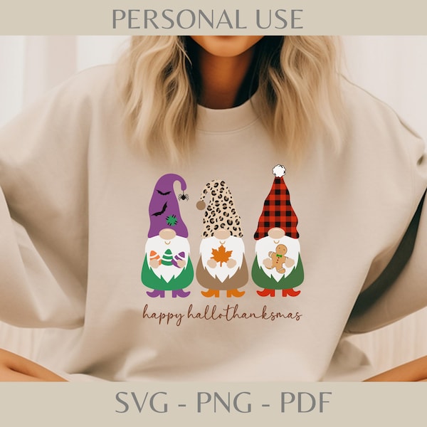 Happy Hallothanksmas Gnomes SVG, Plaid Christmas Gnomes PNG, Holiday Gnomes Digital Download, Thanksgiving pdf, DIY Halloween Christmas Gift