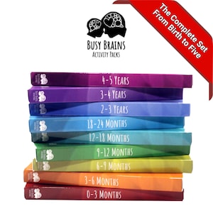 May include: A stack of Busy Brains Activity Packs, spanning from 0-3 months to 4-5 years. The covers are color-coded, ranging from red to purple, with age ranges printed in white. The top right corner features a red banner with white text: "The Complete Set From Birth to Five."