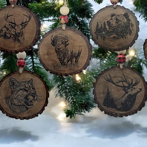 Personalized Woodland Christmas Ornaments - bear, bison, deer, wolves, panther, elk, racoon. Engraved rustic wildlife holiday ornaments.