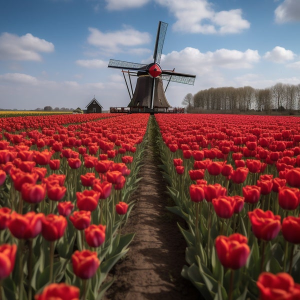 Dutch Tulips with Windmill - Digital Download, Size 24"x18"