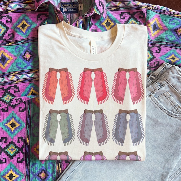 Rainbow Assless Chaps Tee | Handmade Retro Cowgirl T-shirt | Western Rainbow Shirt