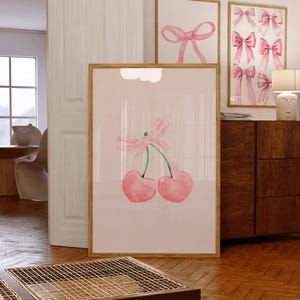 Pink Cherry Bow Wall Art Print | Cute Girly Room Decor | Aesthetic Bedroom Poster|Gift for Her |Pink Wall Art for Teen Girls | Coquette Art